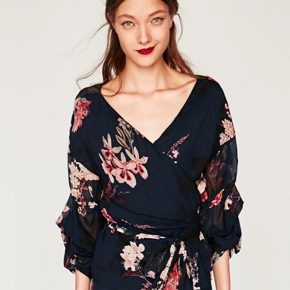 Zara Tops - Zara floral print wrap navy blouse xxl xl l